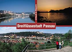 Dreiflüssestadt Passau mit Blick von Maria Hilf auf Dom und Veste Oberhaus, Inn und Sonnenuntergang