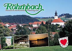 Markt Röhrnbach Ortsansicht mit Kirche, Burg Kaltenstein, Bauernhaus, Dreiflüssestadt Passau im Sonnenuntergang